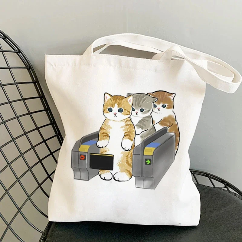 Sacos de compras Kawaii para mulheres, Sacola divertida dos gatos dos desenhos animados, Bolsa de Almoço, Bolsa de Ombro de Grande Capacidade