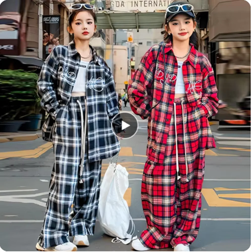 

Jazz Dance Costume Girls Street Dance Outfit Children Kpop Hip Hop Stage Outfit Oversize Plaid Shirt Pants Black Red Dancewear