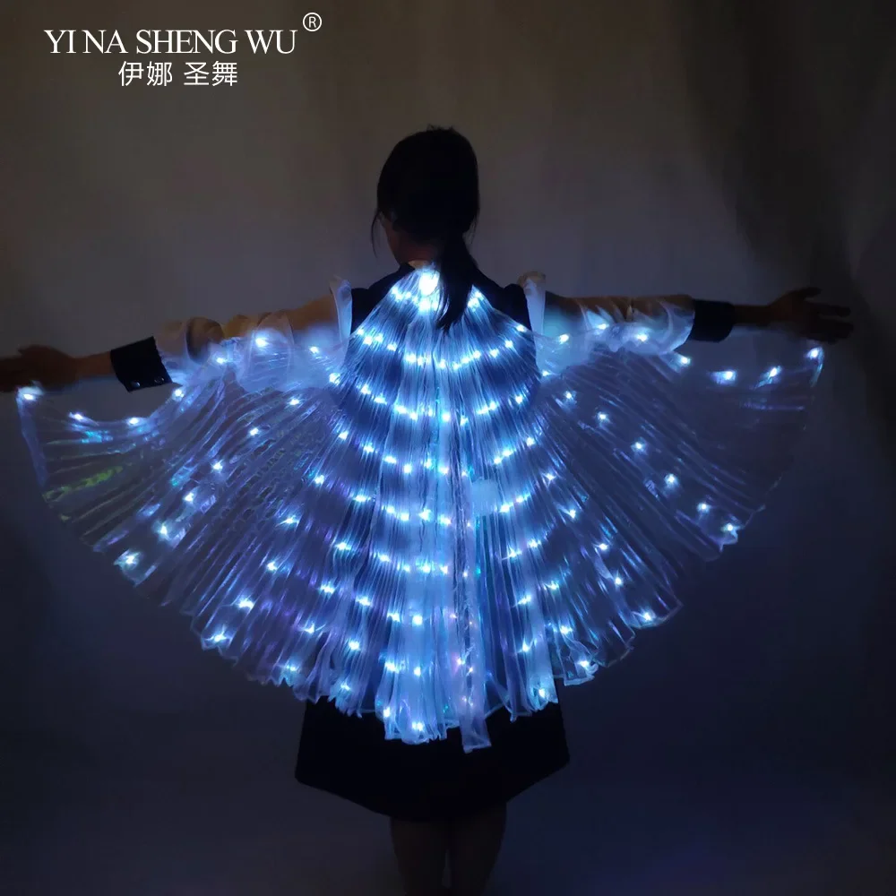 Capa LED luminosa para danza de adultos, tela transparente blanca, accesorios fluorescentes para danza del vientre enganchados a mano, alas para actuación, nuevo