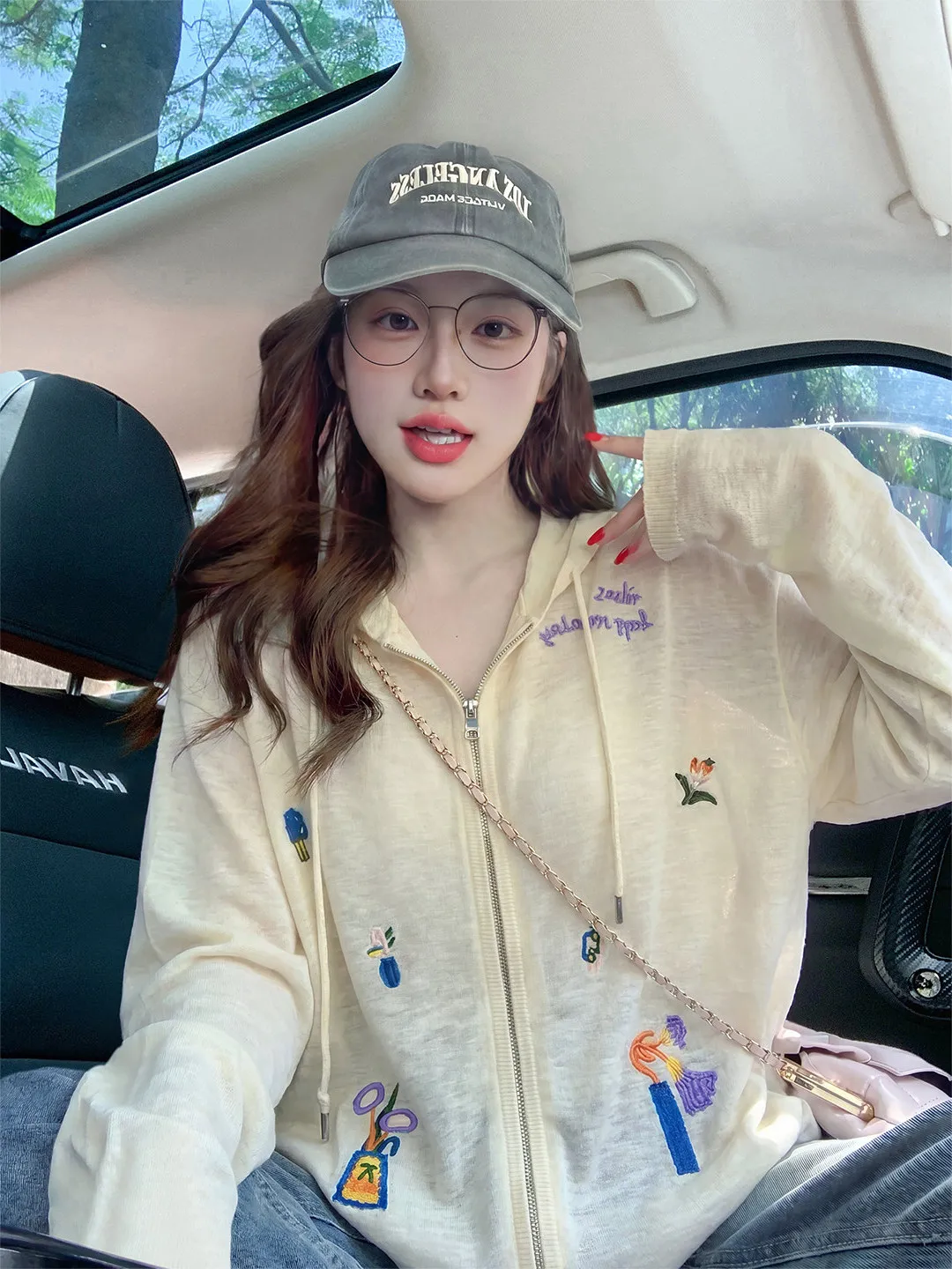

Yellow Embroidered Hooded Sun Protection Jacket Women's Summer Korean Style Air Conditioner Cover Loose Thin Lazy Zipper Card...