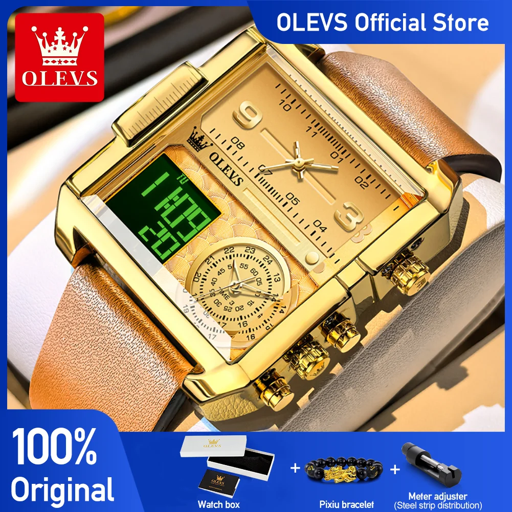 

OLEVS 1101 Quartz Movement Watch LED 30m Waterproof Square Dial Leather Strap 24-hour Display Alarm Set Dual Time Watch For Men