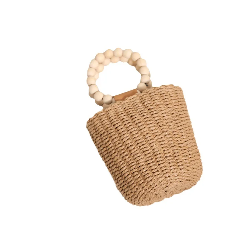 Fashion Wooden Beading Women Handbags Paper Woven Hand Bags Casual Summer Beach Bucket Bag Bali Small Tote Female Purses 2024