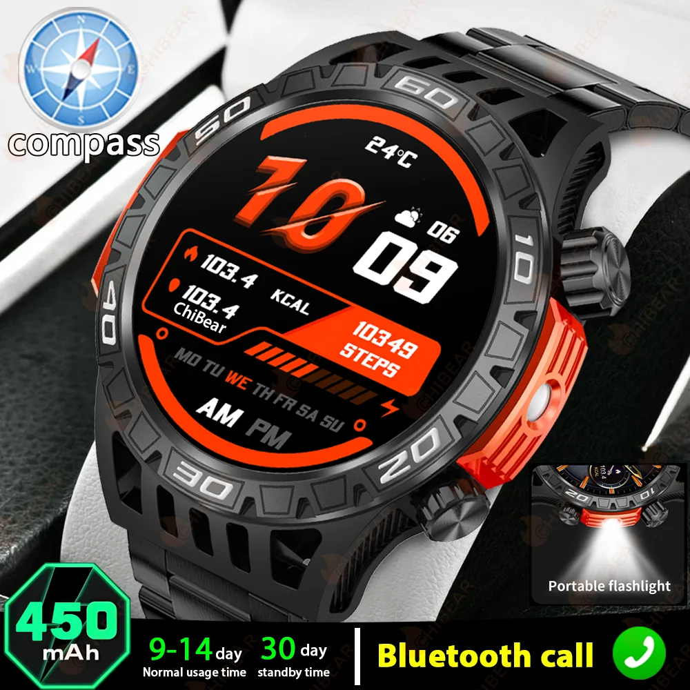 Compass Men's Smart Watch Outdoor flashlight Sports IP68 Waterproof Smartwatch 450mah large battery Bluetooth Call Smart Watches