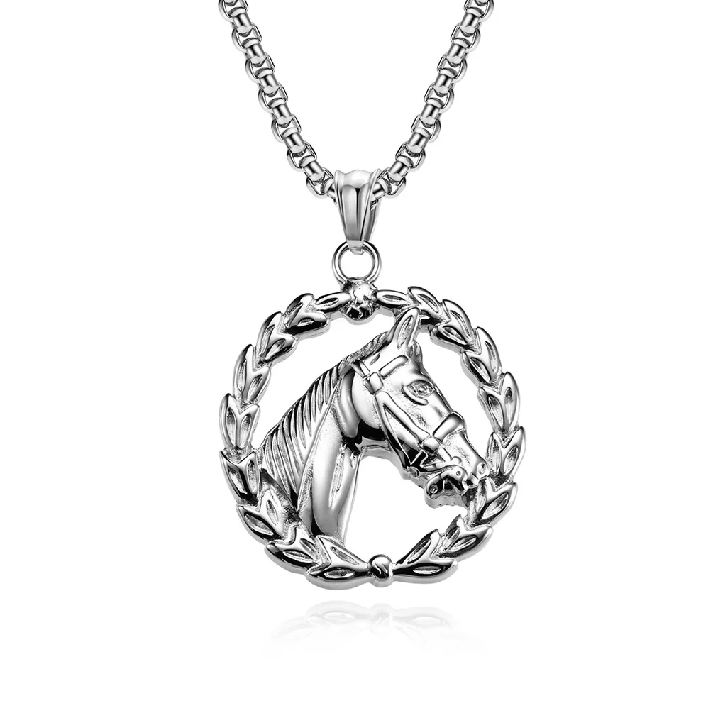 Stainless Steel Vintage Punk Round Steed Horse Head Biker Pendant Necklace