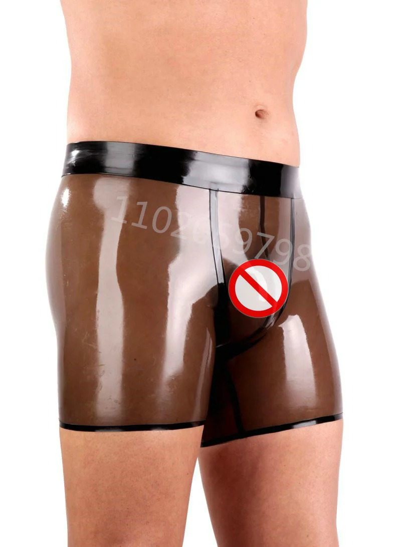 Latex Sexy Men Underwear  Rubber Panties 3D Crotch Underpants Fetish Male Panties Short Pants Transparent Black With Black Deco