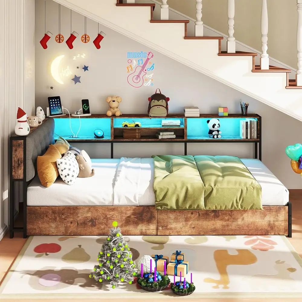 収納付きツインコーナーベッド、本棚、LEDライト、収納引き出し付きデイベッド、ヘッドボードと充電ステーション付き布張りベッド