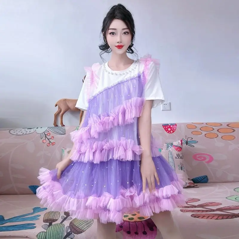 女性ピンクパープルコントラストカラーレーススプライシングフリルエッジ Tシャツメッシュパッチワーク蓮真珠ビーズ Tシャツガーゼプリーツドレス