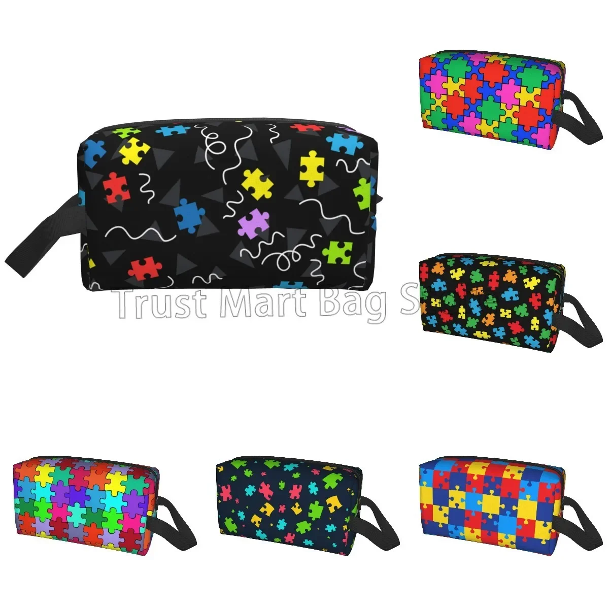 Autism Awareness Puzzle Piece Pattern Toiletry Bag Portable Large Capacity Travel Cosmetic Bag Make Up Organizer Pouch