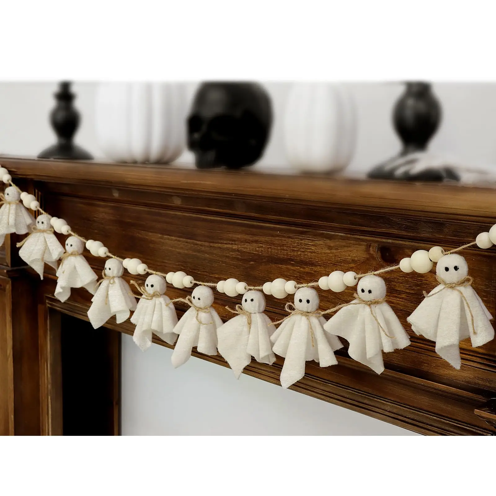 Niedliche Halloween-Geistergirlande, Vintage Rustikale Handgemachte Geister-Ornamente mit Holzperlen, Innendekoration für Wand und Kamin – Detail 6