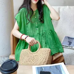 Fashion O-Neck Solid Color Button Folds Bow Lace Up Blouses Summer Oversized Casual Tops Commute Female Clothing Sweet Shirt