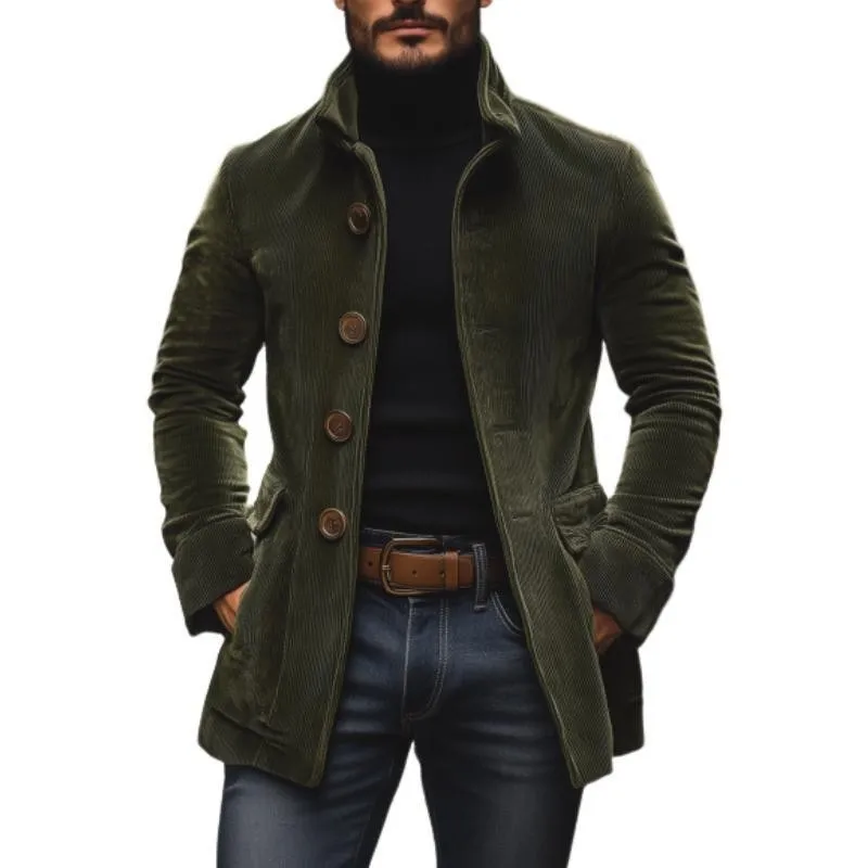 Button Front Stand Collar Coat Slim Fit Outdoor Style with Single Breasted Button Decoration Not Hooded Long Sleeve for Men