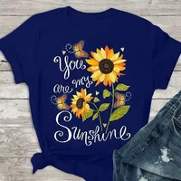 Short Sleeve T-Shirt Butterfly Sunflower Pattern Print Street Style Cotton Crew Neck Top for Young Women under 24 Years Old