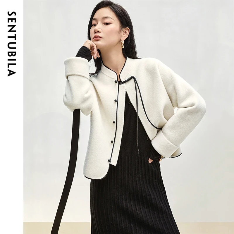 SENTUBILA Woman Luxury Coats 100% Woolen Winter Spliced Stand Neck Single Breasted Outerwears Commute Short Jackets W44O56098