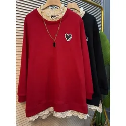 Sudadera con capucha de retazos de encaje de dos piezas falsas para mujer, cuello redondo, informal, coreano, manga larga, estampado, Tops sueltos, Otoño e Invierno