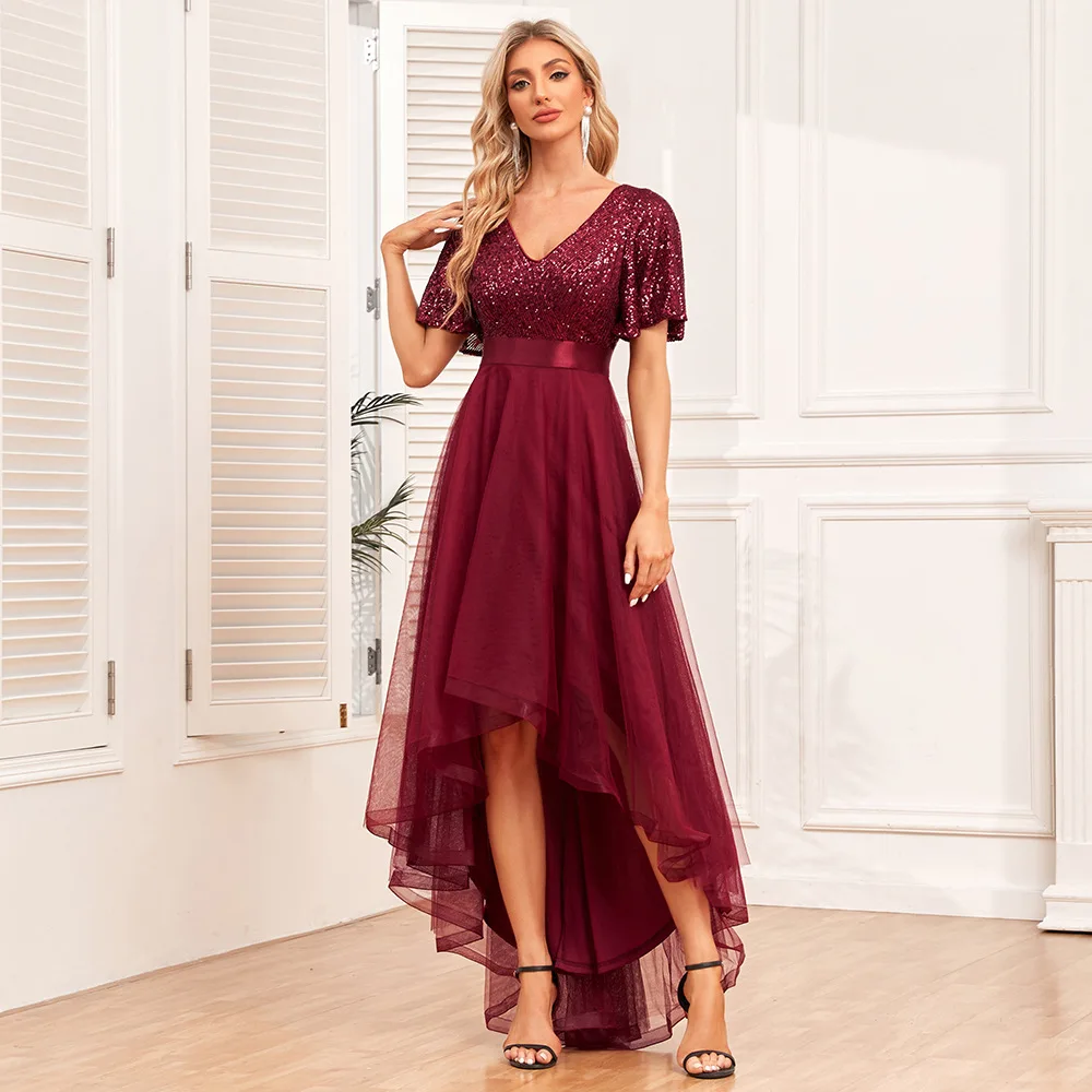 Wholesale High Low Burgundy Evening Dress Short Sleeves Sequin Tulle Long Wedding Party Gowns Dropshipping Women Dresses