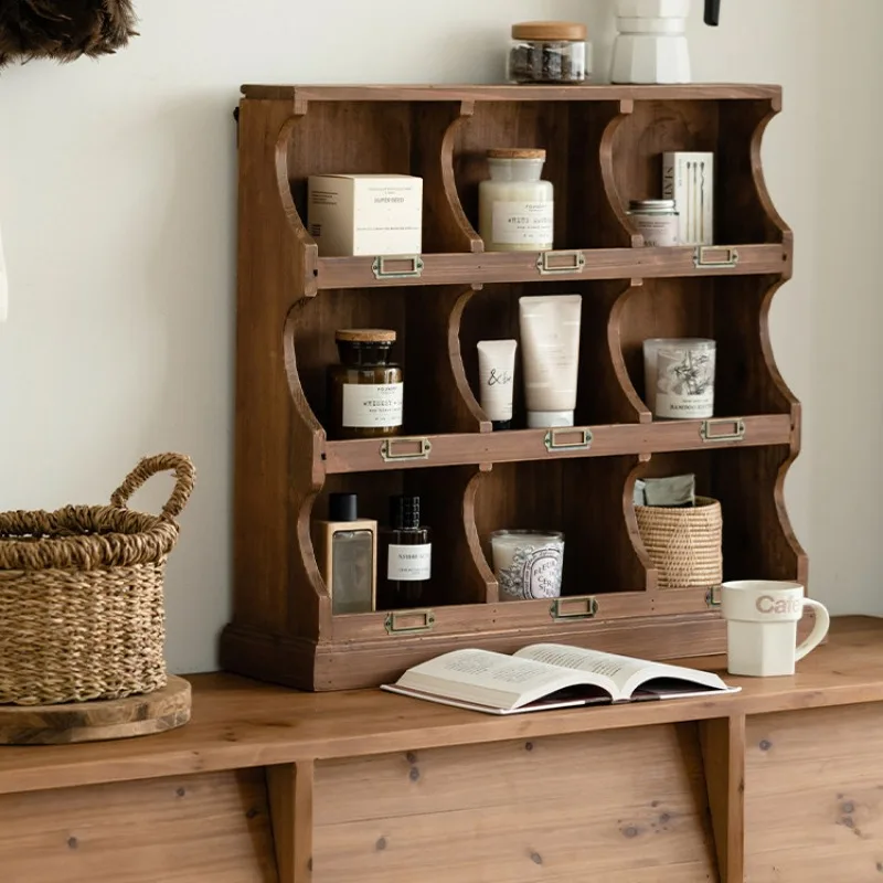 

Solid Wood Multi-tier Storage Shelf Retro Home Lattice Cabinet Living Room Display Rack Practical Sundries Sorting Decor Racks