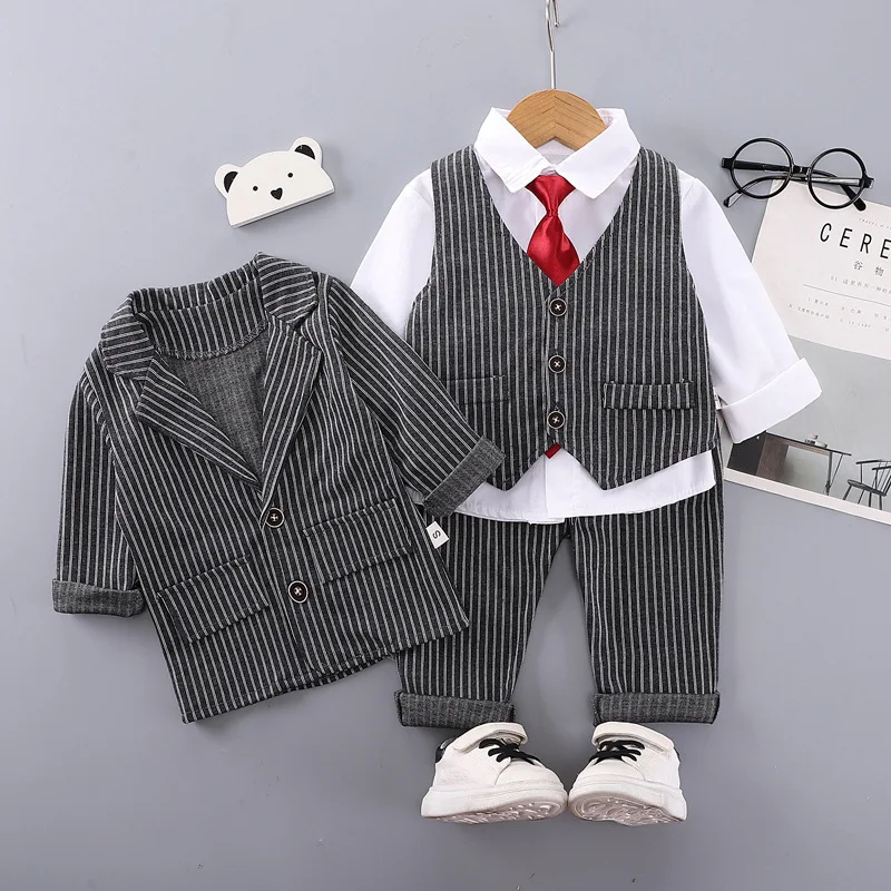 

Children's Boy Clothes Suits Kid Coat Vest Shirt Pant Comfortable Black Grey Suit Set 1 2 3 4 5 Year Party Wedding Outfit Autumn