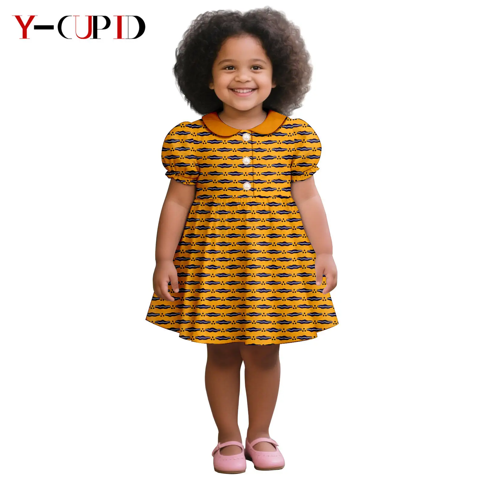 

African Peter Pan Collar Print Dresses for Girls Dashiki Lovely Kid Ankara Outfits Bazin Riche Children Party Outwear 2545009