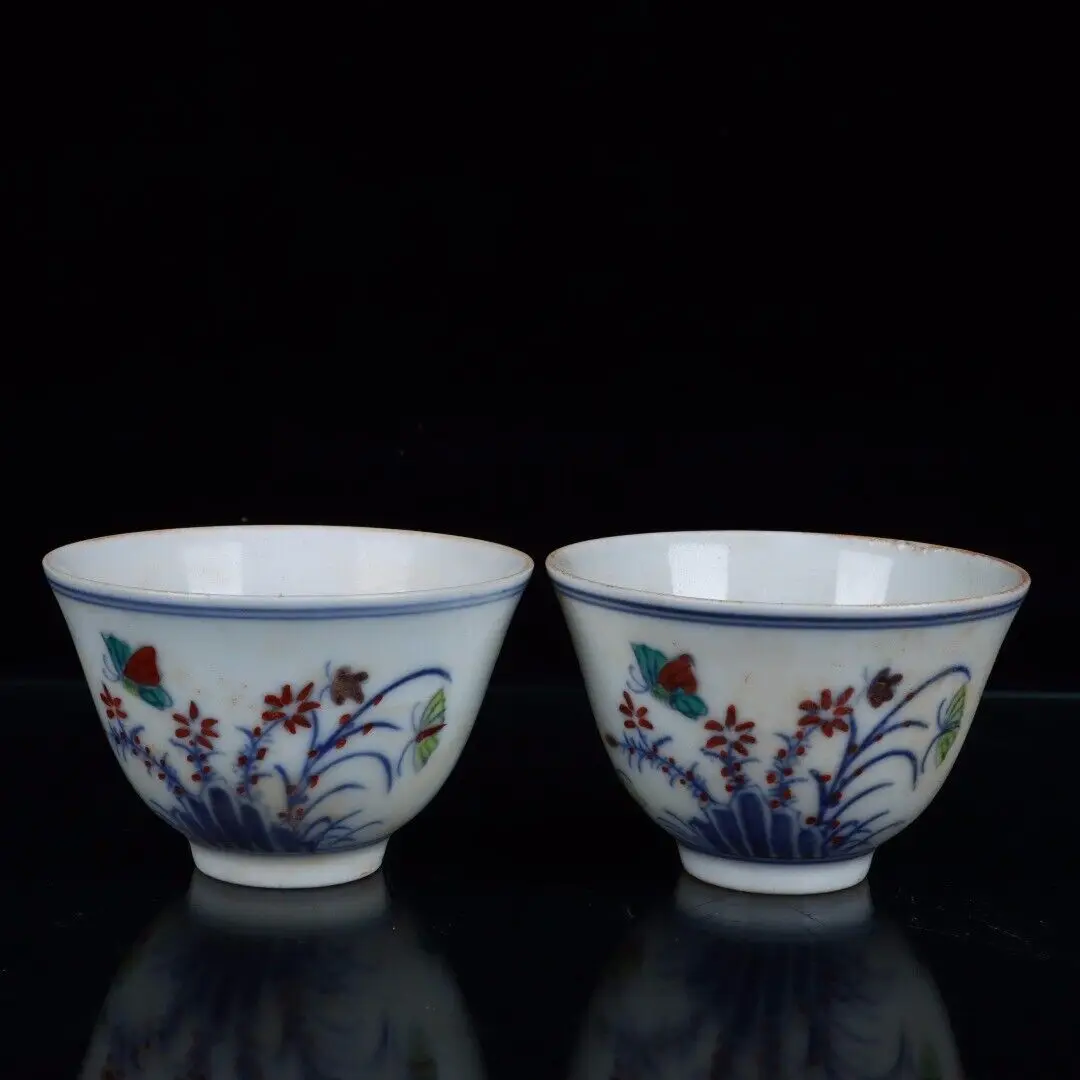 

3-дюймовая фарфоровая чашка с бабочкой и цветком в Китае Ming Doucai контрастных цветов, пара чашек