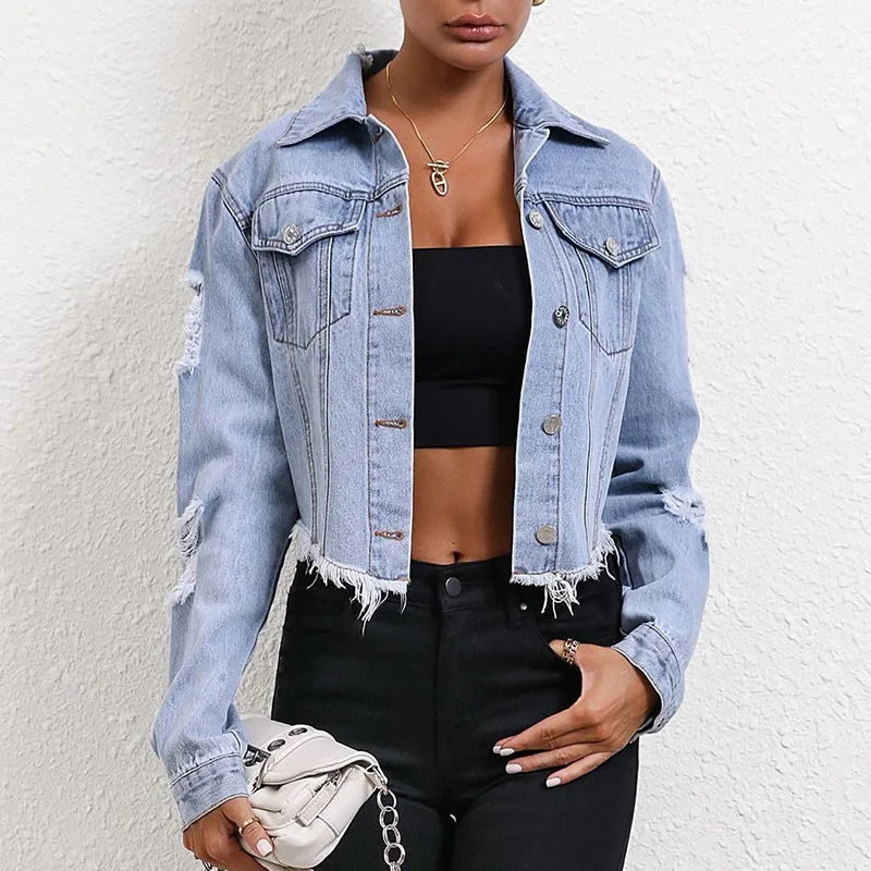 

Women Hole Long Sleeve Denim Coats 2024 Spring Autumn Female Pockets Buttons Jackets Vintage Tops Ladies Short Jean Outerwear