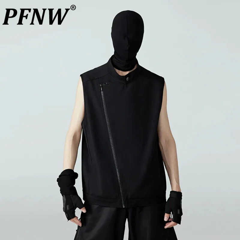 

PFNW Dark Style Men's Vest Stand Collar Diagonal Zipper Sleeveless Tees Summer New Stylish Hip Hop Male T-shirt 202412C186