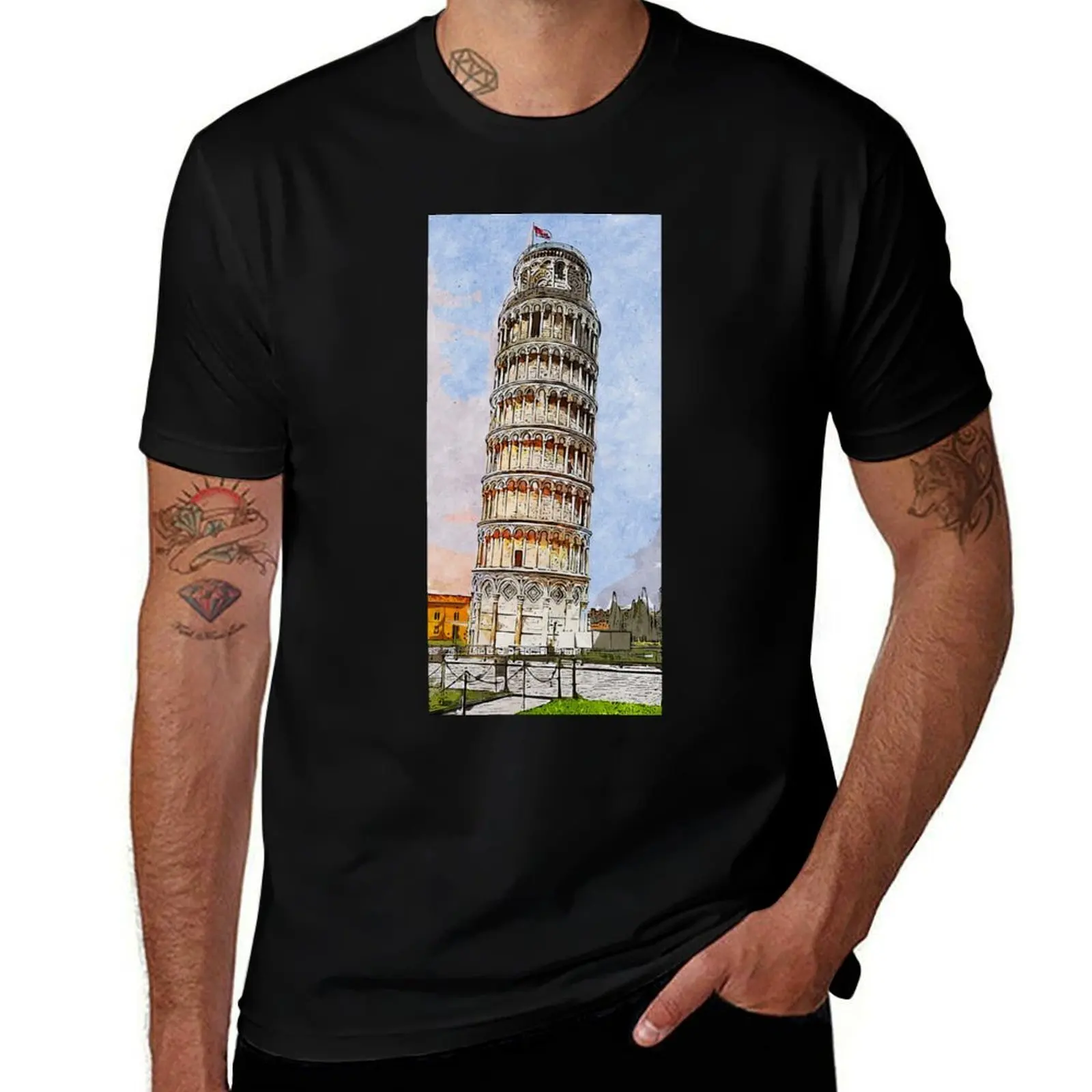 

Leaning Tower of Pisa T-Shirt Short sleeve tee funny costumes anime clothes shirts men graphic