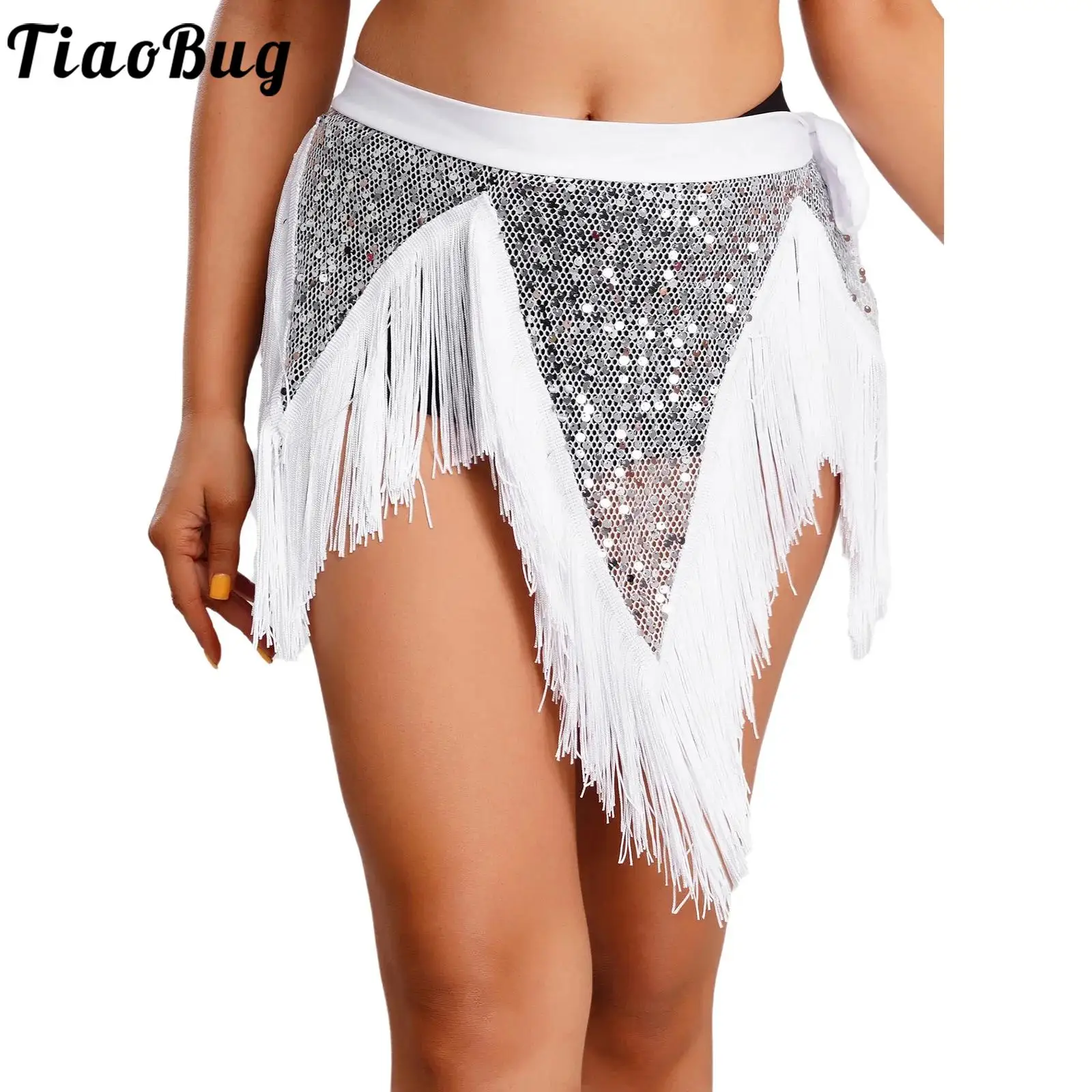 

Women Belly Dance Hip Scarf Skirts Glitter Sequin Fish Net Mesh Irregular Hem Swing Tassel Trim Lace-up Waist Wrap Dancewear