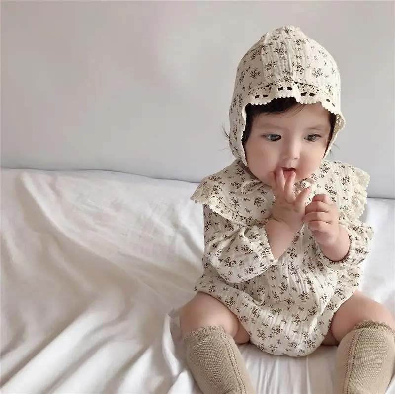Baby-Mädchen-Strampler mit Blumenmuster, Spitzen-Peter-Pan-Kragen, Langarm-Bubble-Body mit Haube, Weiches, Atmungsaktives Outfit für Frühling und Herbst – Detail 10