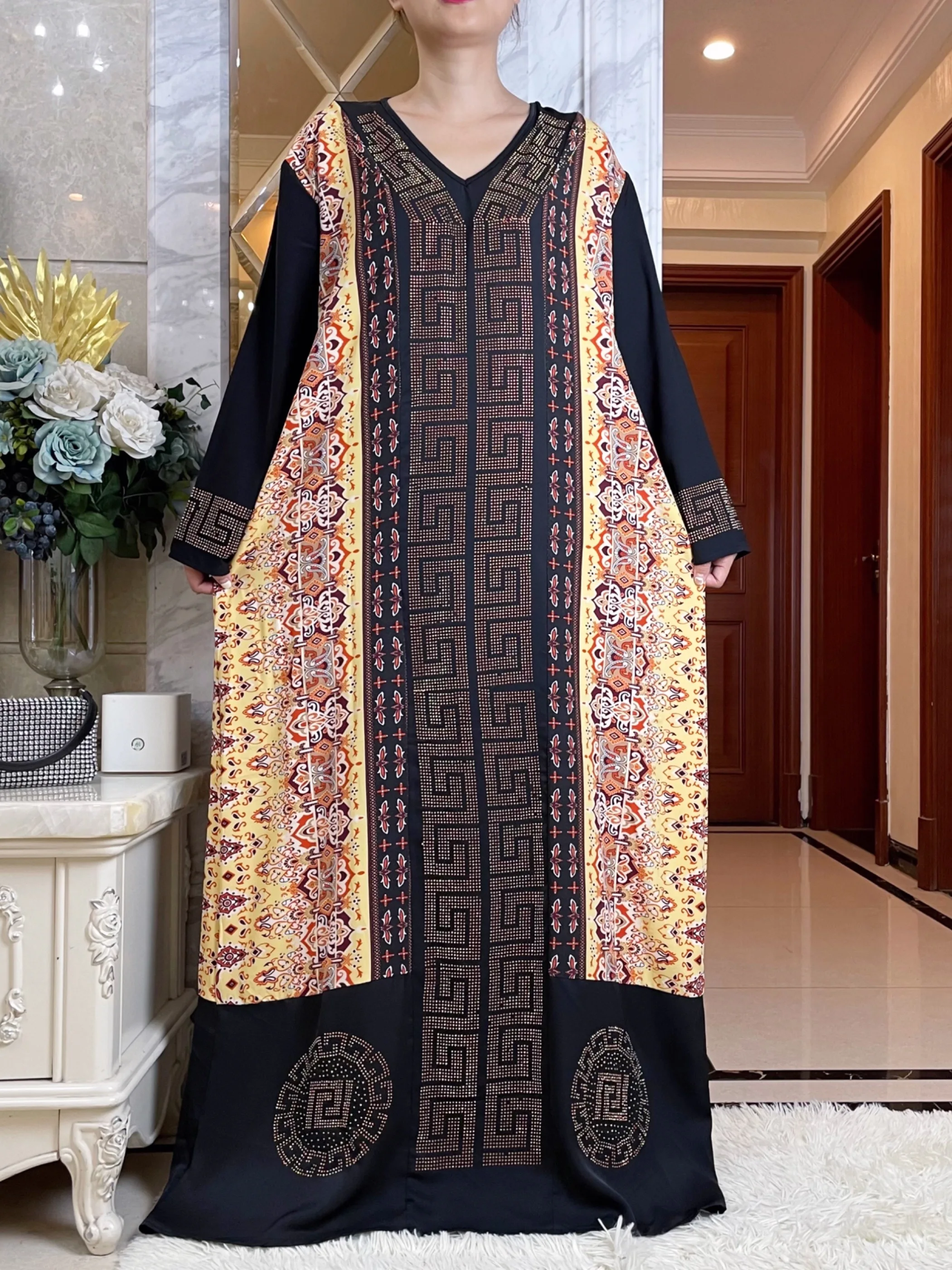 2023New Luxury African Autumn Women  V-Neck Dress Islamic Print Collage Satin Diamond Robe Evening Long Sleeve Muslim Abaya