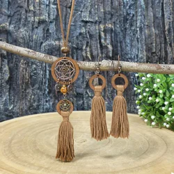 Ethnic Dream Catcher Pendant Necklace Earring Set Women's Vintage Cotton Tassel Wooden Round Sweater Necklaces Bohemian Jewelry