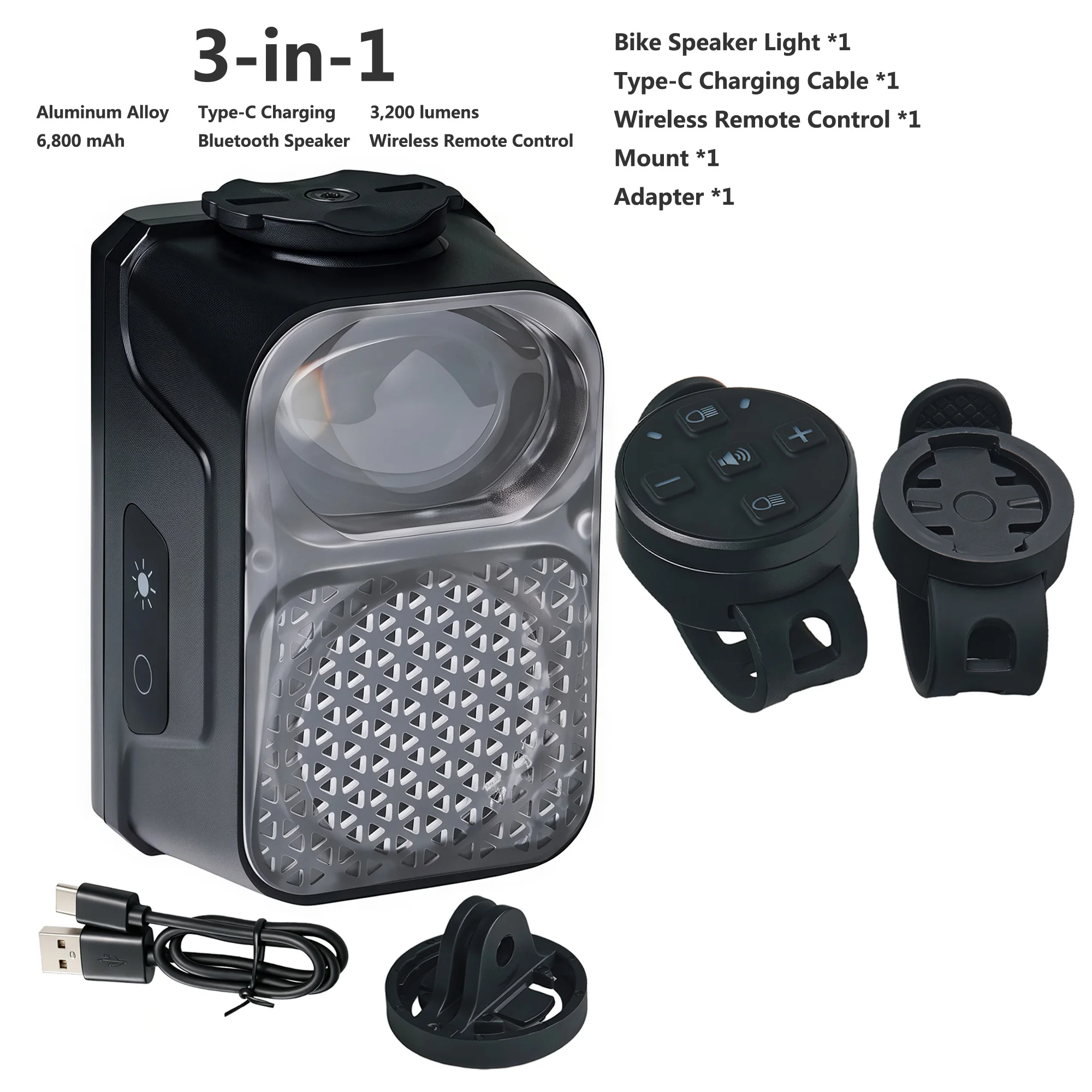3‑In‑1 Bicycle Light Bluetooth Speaker Horn 3200 Lumens 6800Mah Type‑C Charging Wireless Remote Control Cycling Music Player