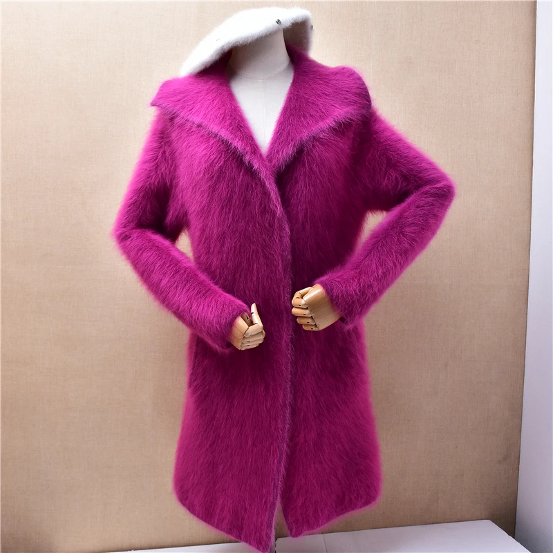 

Ladies Women Autumn Winter Thick Warm Hairy Mink Cashmere Knitted Turn-Down Neck Loose Medium Long Sweater Jacket Mantle Coat