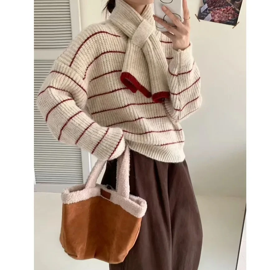 

Свободный крой, полосатый вязаный открытый топ с шарфом, осень-зима, новый стиль, корейская версия, модный, универсальный