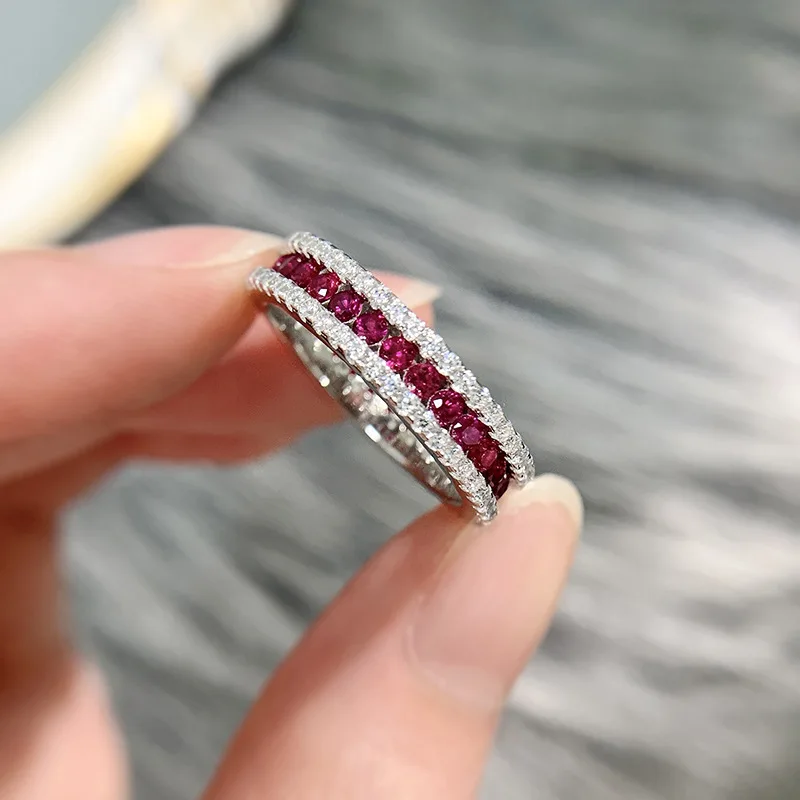 Eternity Ruby Diamond Ring 100% Real 925 sterling silver Party Wedding band Rings for Women Men Engagement Jewelry Birthday Gift