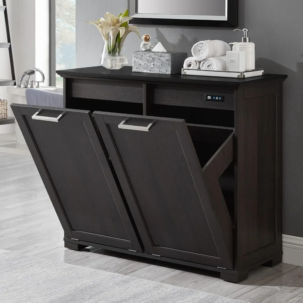 

Double Tilt Out Trash Cabinet, Wooden Kitchen Garbage Can Free Standing Holder (Dark Brown+Black Top Panel)…