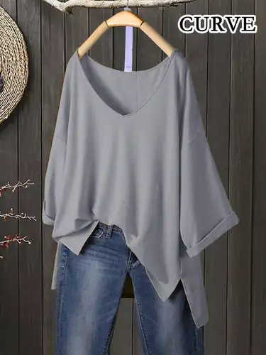 Imagen 2 del producto Camiseta de talla grande 1XL-5XL a la moda para mujer, camiseta de manga 3/4 para mujer, camisetas holgadas informales de Color sólido con cuello en V y abertura