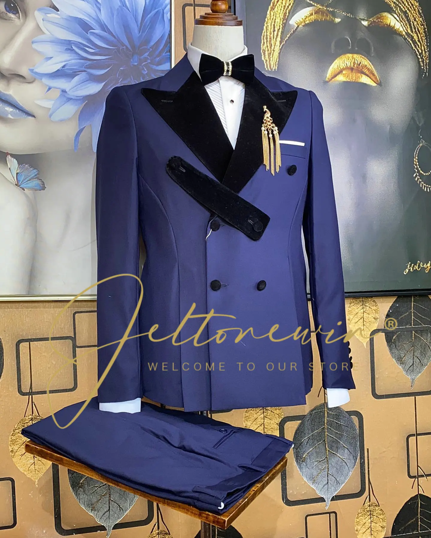 

Navy Blue Men's Tuxedo Set with Wide Black Satin Lapel and Double Breasted Design Elegant Modern Style Groom or Banquet Formal O