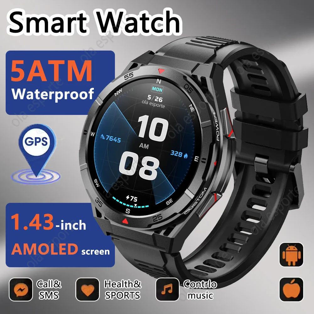 

2025 Новые Смарт-часы для мужчин, 1,43-дюймовый AMOLED-экран, GPS, Bluetooth, монитор здоровья, 5 АТМ, водонепроницаемые умные часы для Android IOS