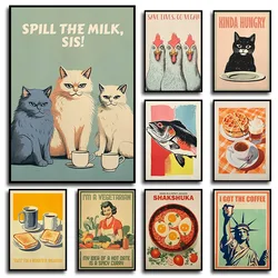 Retro Breakfast Coffee Funny Hungry Cat Seabass Posters and Prints Canvas Printing Wall Art Picture for Kitchen Restaurant Decor