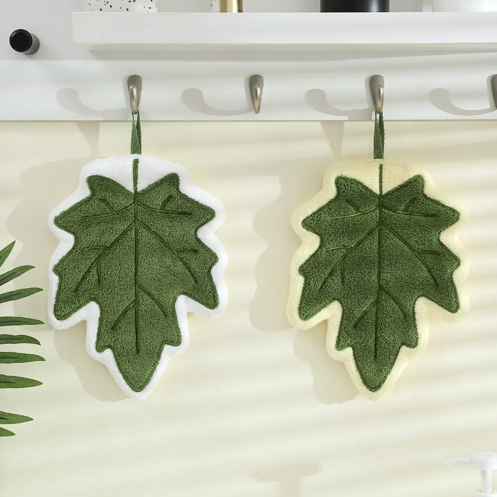 New Cartoon Leaf Hand Towel Absorb Water Thickened Bathroom Kerchief Hanging Coral Velvet Cleaning Cloth Kitchen