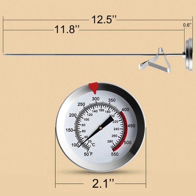 12 Inch Mechanische Vleesthermometer Direct Lezen, Lange Steel, Waterdicht, Geen Batterij Nodig, Roestvrijstalen Frituur Thermomet