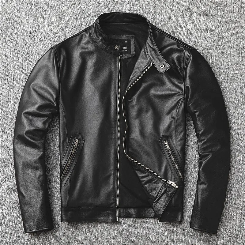 

Top-grain cowhide motorcycle suit leather men's slim-fit short stand-up collar coat