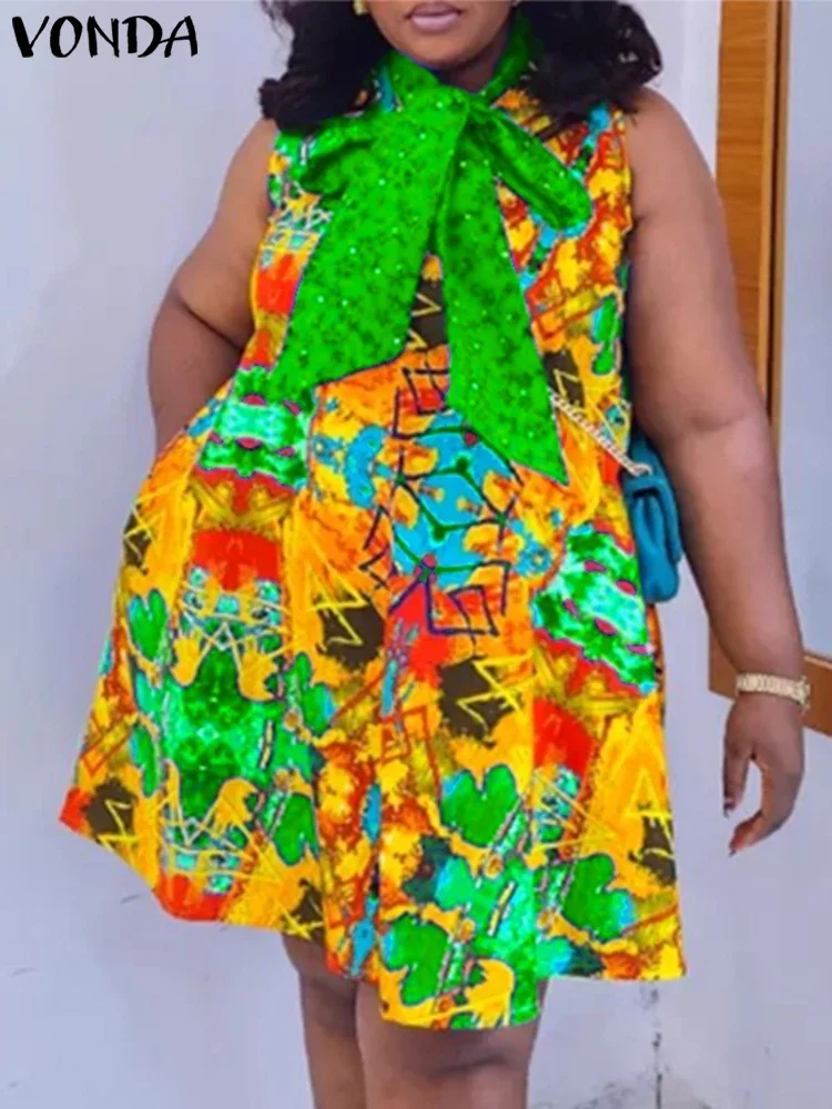 플러스 사이즈 5XL VONDA 여성 미니 드레스 2025 여름 선드레스 보헤미안 프린트 우아한 나비넥타이 캐주얼 민소매 비치 베스티도