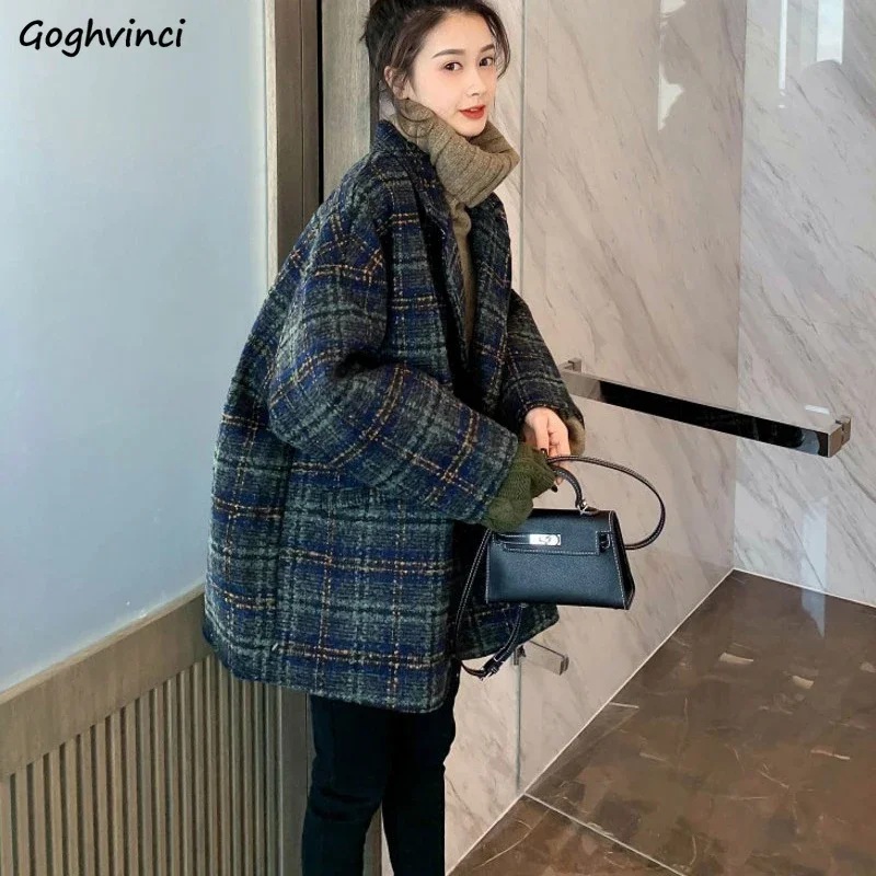 Wełniane płaszcze z długim rękawem Kobiety w kratę Jesień Zima Pogrubienie Jednorzędowe Kieszenie w stylu koreańskim Płaszcze na wszystkie mecze Vintage