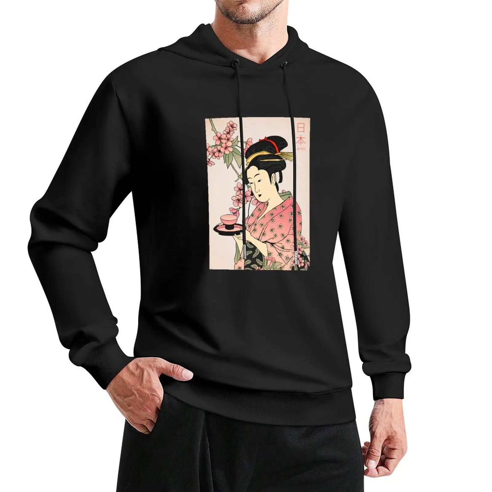 Geisha and Tea Pullover Hoodie male clothes japanese hoodie