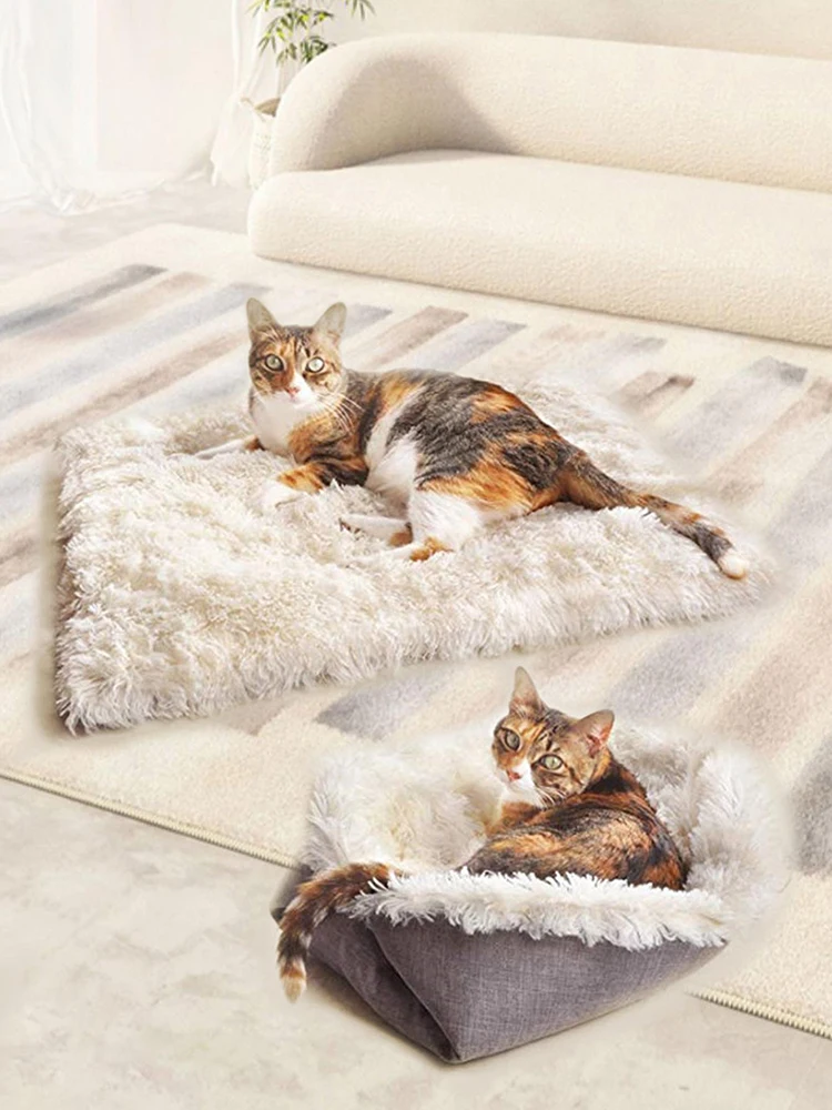 Foldable Cat Beds Soft Plush Puppy Dog Bed Washable Small Pet Cat Mat Warm Nest Convertible Kitten Blanket Non-slip Mat