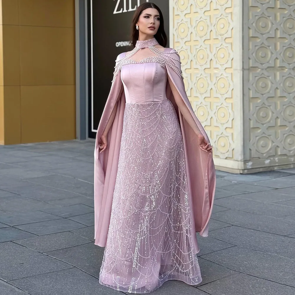 

Alinovia Elegant Muslim Evening Dress for Women with Cape Sleeves 2025 High Neck Pearl Formal Prom Wedding Party Gown Customized