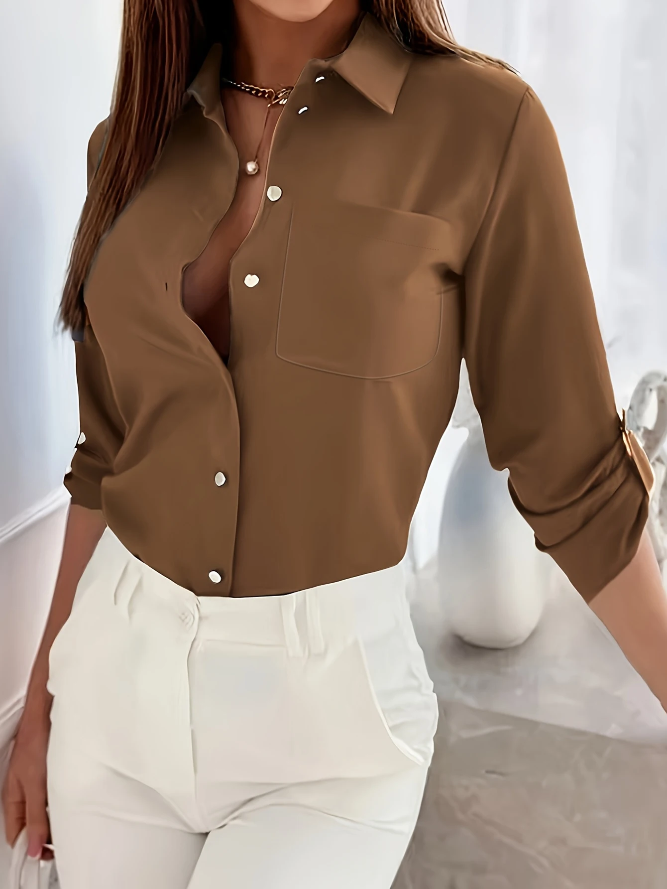 Chemises pour femmes automne hiver décontracté quotidien couleur unie simple boutonnage manchette manches col de chemise chemises quotidiennes