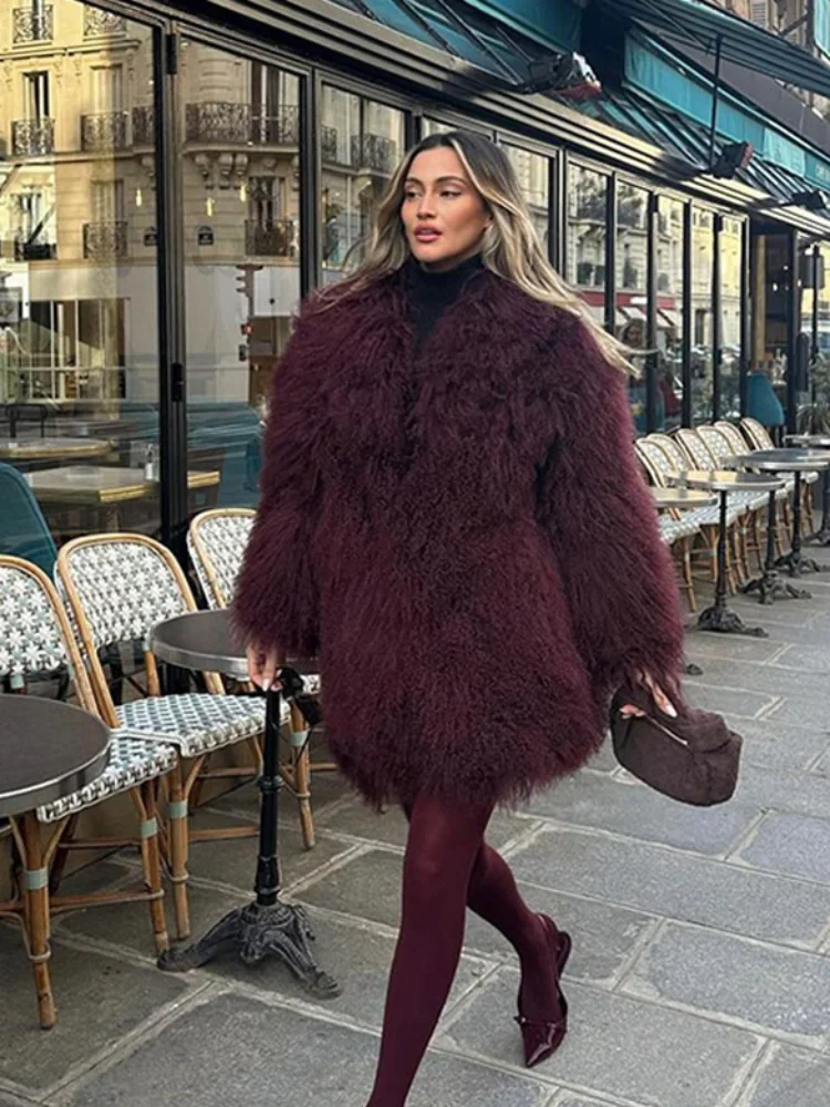 Women\'s Elegant Wine Red Faux Fur Coat Fashion Lapel Long Sleeve Fluffy Plush Warm Outerwear Lady Vintage Winter High Streetwear