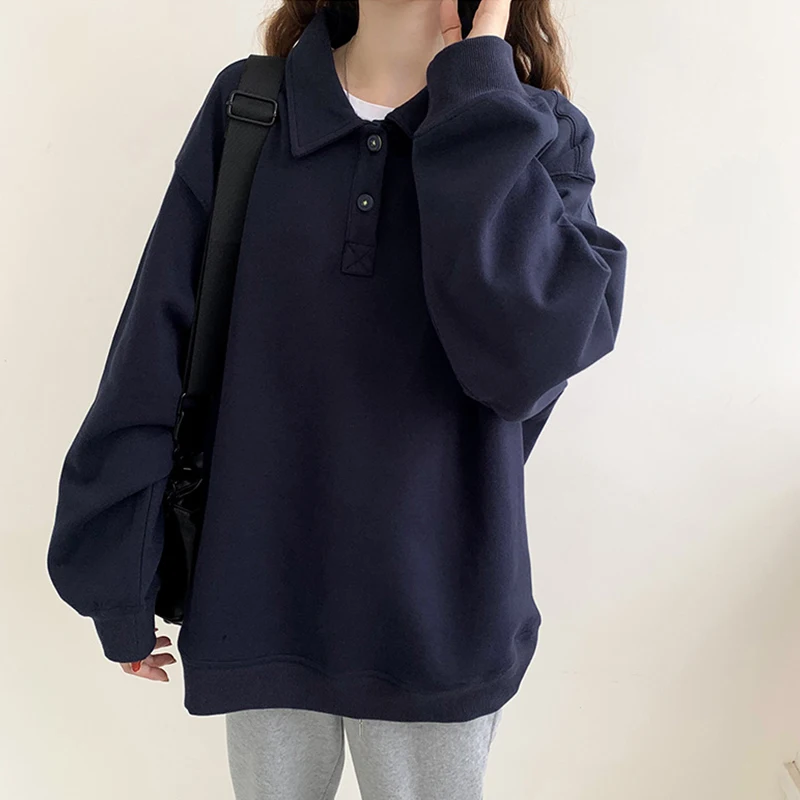 Vintage Lapel Collar Loose Sweatshirt Women New Spring Autumn Korean Style Casual Pullovers Women Solid Long Sleeve Hoodie